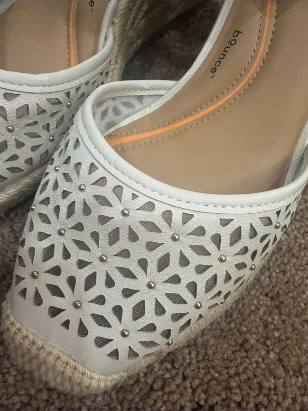 Hush Puppies White Laser-Cut Espadrille Wedge Sandals with Gold Buckle